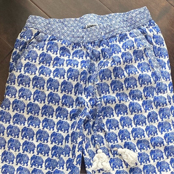 Blue & White Tassel Elephant Block Print Elastic Waist Pull on Pants Trousers - Picture 8 of 8